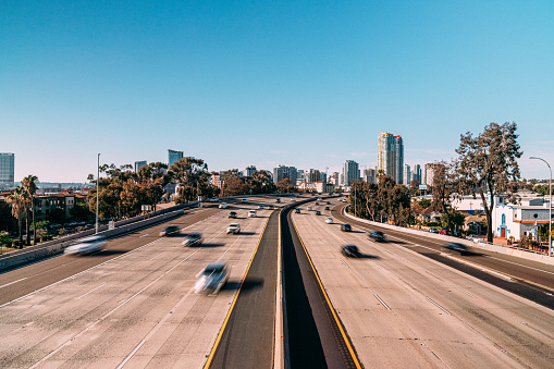 High Angle View of Afternoon I-5 Traffic in San Diego California from a Pedestrian Bridge near Highway 75 Intersection to Coronado