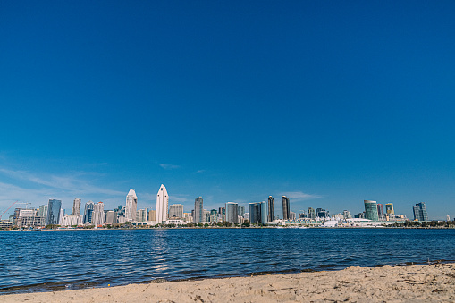 December 2022: San Diego Bay and Skyline on a Sunny Day from the Centennial Park Viewpoint on Coronado Island in California, USA