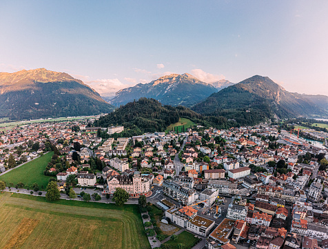 An Elevated View of the Aare River Flowing through Interlaken, Switzerland between Lake Thun and Lake Brienz