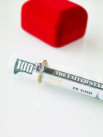 Ring box with diamond ring on a pile of 100 dollar bills