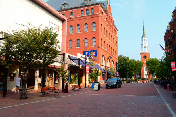 Burlington, VT, USA September 2 High end retail stores line the pedestrian Church Street Mall in downtown Burlington, Vermont