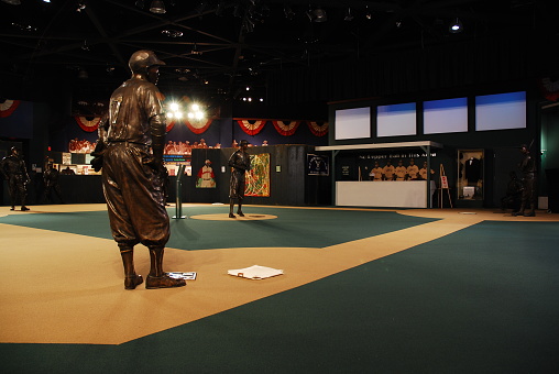 Kansas City, MO, USA November 3 Bronze sculptures stand in their positions, honoring the baseball greats of the pre-Jackie Robinson days at the Negro Leagues Museum in Kansas City, Missouri