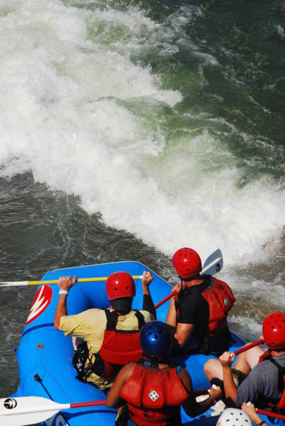 Charlotte, NC, USA June 16 A group of adventure seekers prepare themselves for a drop into the rapids at the Whitewater Rafting Center in Charlotte, North Carolina