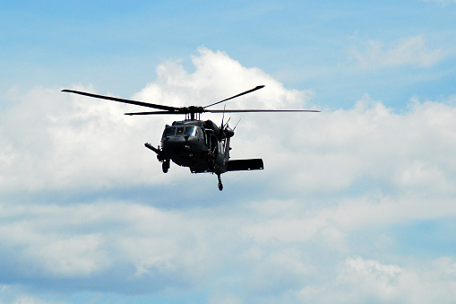 Wantagh NY, USA May 23 A Sikorsky UH-60 Blackhawk helicopter flies in the skies over Wantagh, New York, preparing for a refueling