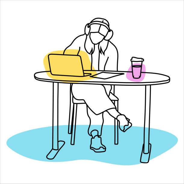 Political Science Student Blue A political science student works away at a desk while listening to music on her headphones. Hand drawn vector illustration. person writing in notebook stock illustrations