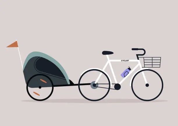 Vector illustration of Outdoor activities, a bike with a  kid trailer