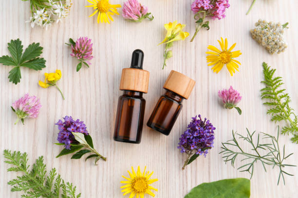 istock Flat lay composition with essential oil, flowers and herbs on white wooden table 1488702278
