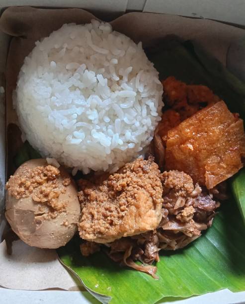 Gudeg rice A portion of warm rice, a typical food from the city of yogyakarta indonesia gudeg stock pictures, royalty-free photos & images