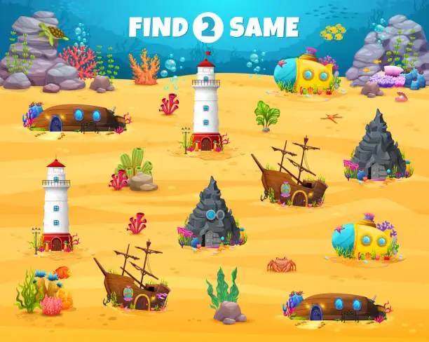 Vector illustration of Find two same underwater cartoon houses, kids game