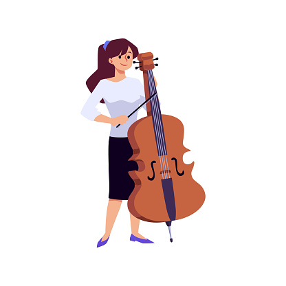 Woman cellist playing cello or violoncello instrument, flat vector illustration isolated on white background. Personage for cello musical class or classic music concert.