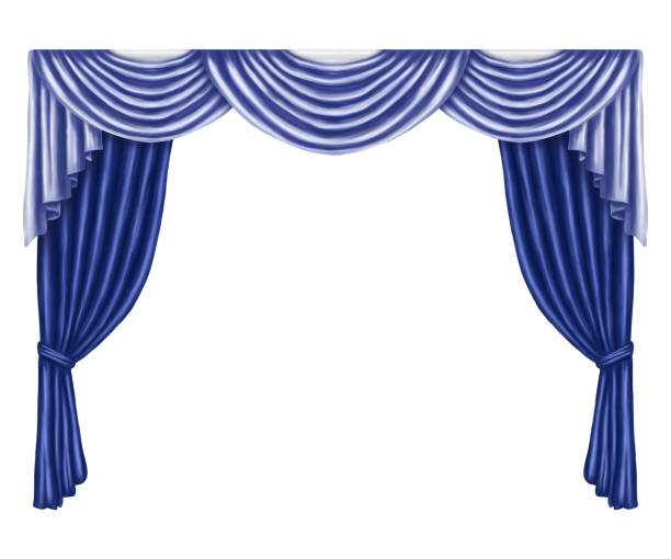 サテン、シルク、布で作られた青いカーテンのアーチ。白い背景にデジタルイラスト。家、ダンスホール、劇場の内部の窓やドアの装飾要素 - palace stage theater vehicle interior indoors点のイラスト素材／クリップアート素材／マンガ素材／アイコン素材
