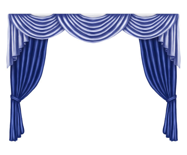 ilustrações de stock, clip art, desenhos animados e ícones de arch of blue curtains made of satin, silk, fabric. digital illustration on a white background. decorative element for windows and doors in the interior of a house, dance hall, theater - palace stage theater vehicle interior indoors