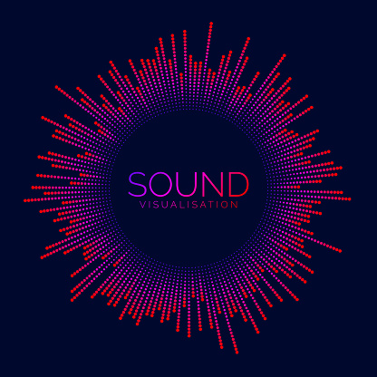 Circle sound wave visualization bar. Dotted music player equalizer. Radial audio signal or vibration element. Voice recognition. Neon colors epicenter, target, radar, radio icon. Vector concept