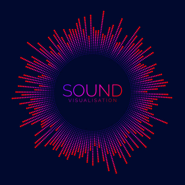 Circle sound wave visualization bar. Dotted music player equalizer. Radial audio signal or vibration element. Voice recognition. Neon colors epicenter, target, radar, radio icon. Vector concept Circle sound wave visualization bar. Dotted music player equalizer. Radial audio signal or vibration element. Voice recognition. Neon colors epicenter, target, radar, radio icon. Vector concept music speaker logo stock illustrations