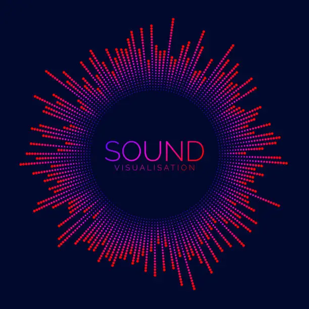 Vector illustration of Circle sound wave visualization bar. Dotted music player equalizer. Radial audio signal or vibration element. Voice recognition. Neon colors epicenter, target, radar, radio icon. Vector concept
