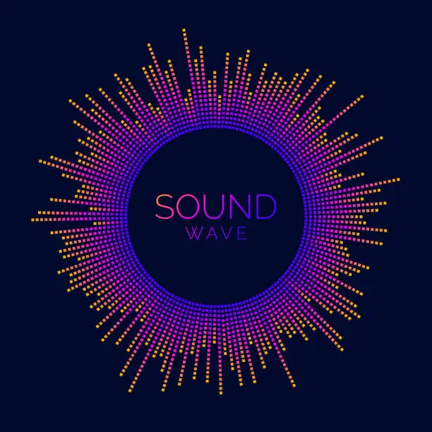 Vector illustration of Circle sound wave visualization bar. Pixelated music player equalizer. Radial audio signal or vibration element. Voice recognition. Neon colors epicenter, target, radar, radio icon concept. Vector