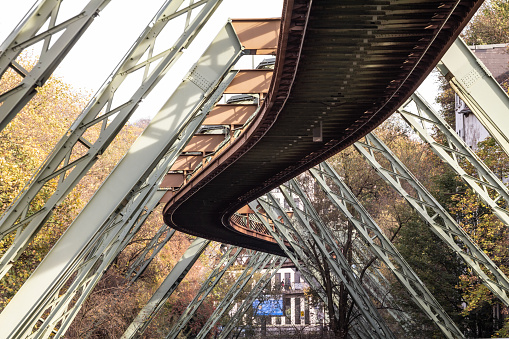 Selective blur on the infrastructure track and path of the Wuppertal schwebebahn, the iconic suspension railway of the city of Wuppertal, in Germany.