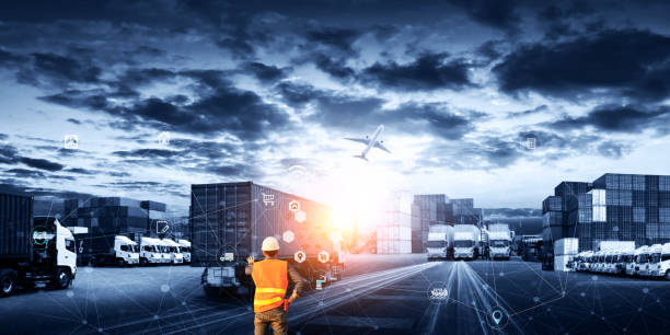 istock Business Logistics and transportation concept, Smart technology Transportation and Logistics, Manager technical working with touching icon of network distribution on global network connection 1488724233