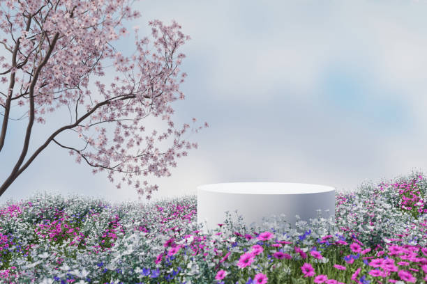 istock Abstact 3d render spring scene and Natural podium background, White podium on the colorful flowers and grass field with cherry blossom tree for product display advertising or etc 1488727360