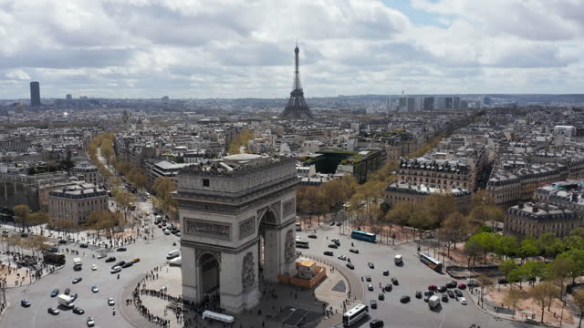 Aerial view of Arc de Triomphe with people overooking Paris from the top deck