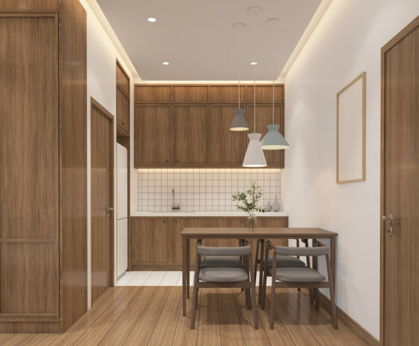 Modern japan style tiny room Modern japan style tiny room decorated with built-in kitchen and dining table, hanging lamp and white wall, wood floor and white tile floor. 3d rendering japan small apartment stock pictures, royalty-free photos & images