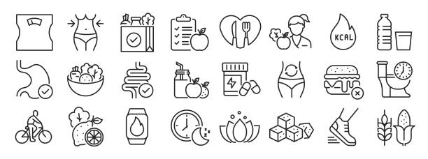 тонкие значки диеты и здорового образа жизни. редактируемая обводка. для маркетингового дизайна веб-сайта, логотипа, приложения, шаблона, п� - диета stock illustrations