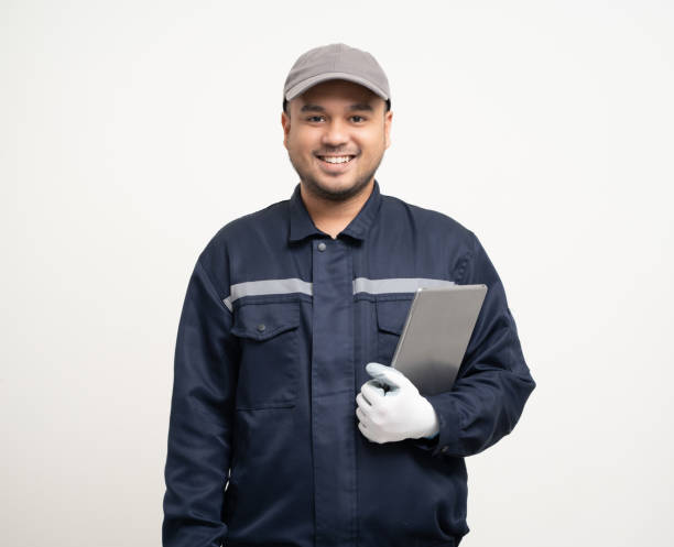 istock Technician workers in uniform maintenance service with tablet. Profession of service industry house repair. Home services isolated background. 1488732293