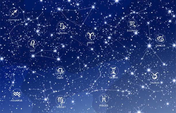 illustrations, cliparts, dessins animés et icônes de ciel étoilé avec 12 constellations bannière de signe du zodiaque, fond astrologique bleu avec étoiles, carte céleste mystique. illustration vectorielle de diseuse de bonne aventure. - medium group of objects illustrations
