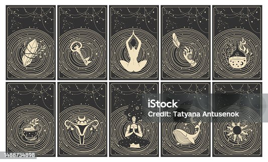 istock Set of magical tarot cards for witch, mystical symbols and witchcraft items. Fortune teller occult illustrations, bohemian spiritual astrology templates, witch vector illustration collection. 1488734898