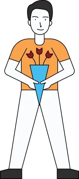 Vector illustration of The boy stands for a bouquet of flowers.