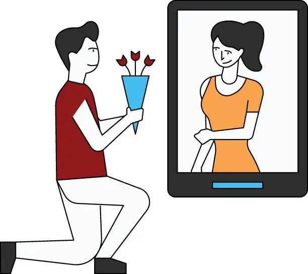 Vector illustration of The boy confesses his love to the girl with an online bouquet.