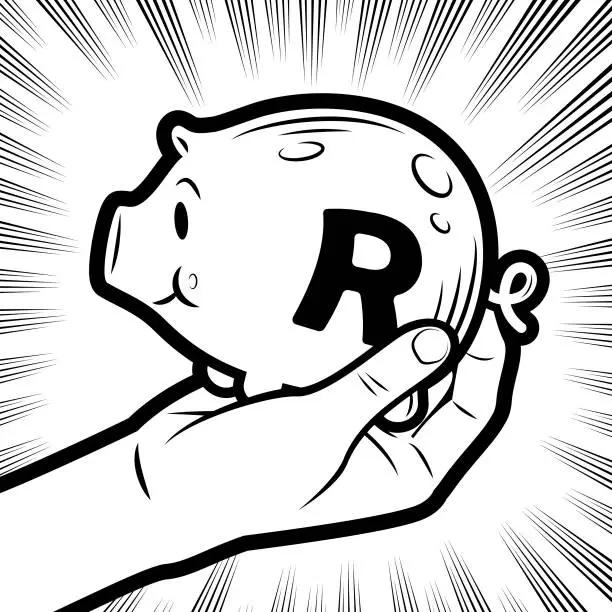 Vector illustration of A hand holding a piggy bank with a currency symbol in the background with radial manga speed lines