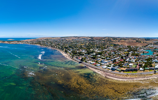 Aerial views of of the South Australian coastal town of Victor Harbor