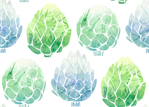 Vector watercolor seamless pattern with silhouette of artichokes on white background in row. Texture with green cabbage vegetable with paint splash. Natural healthy food background for fabric.