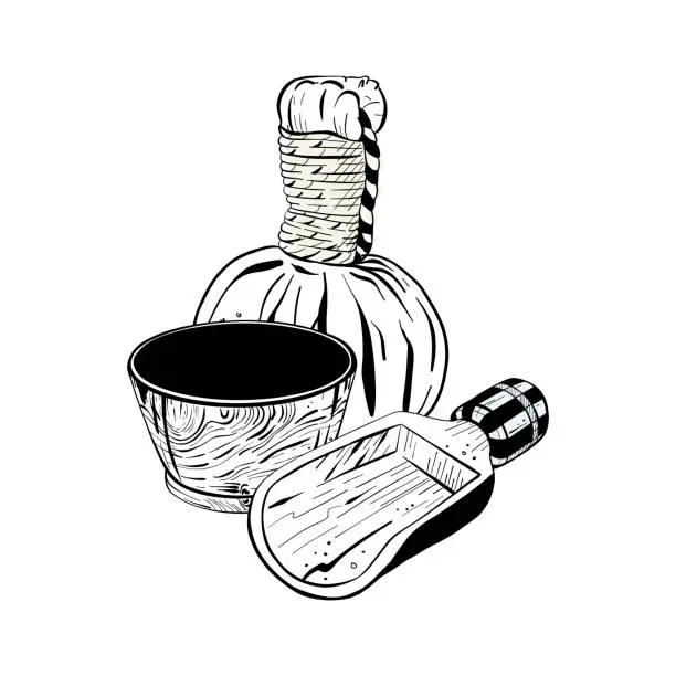 Vector illustration of Vector illustration of set bowl and shovel for cosmetic salt and cosmetic bag for massage on white background. Black outline, graphic drawing in curves. For postcards, design and composition decoration, prints, posters, stickers, souvenirs, tattoos, stam