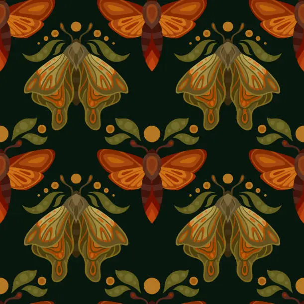 Vector illustration of Seamless vector pattern with moths with foliage and moons on a dark background. Mystical texture with butterflies in a row.