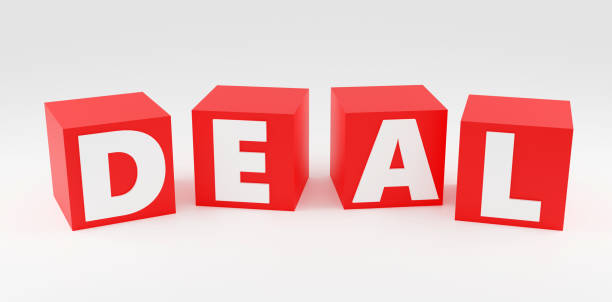 istock Red cubes inscription deal on grey podium, soft light, smooth background, 3d rendering 1488748493