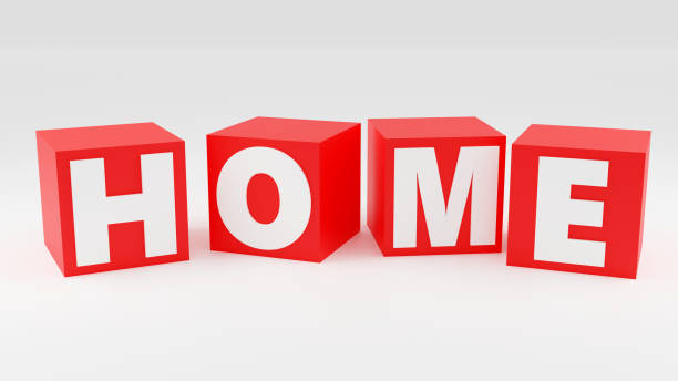 istock Red cubes inscription home on grey podium, soft light, smooth background, 3d rendering 1488748619