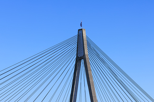 Close-up on part of a bridge support with clear blue sky.