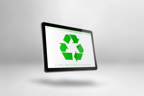 istock Digital tablet PC with a recycling symbol on screen. environmental conservation concept 1488752697