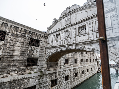 Venice, Italy - April 24, 2023: High resolution. Bridge of sighs - Ponte dei Sospiri - connects the Doge's Palace with prison across the canal. The bridge was built in 1600 AD.