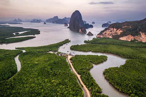 Phang Nga bay view point taken at Samet Nangshe Viewpoint near Phuket in Southern Thailand. Southeast Asia travel, trip and summer vacation drone photography.
