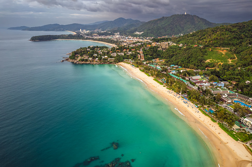 Aerial view of the beautiful viewpoint of 3 beaches of Kata, Kata Noi, Karon Beach at Phuket, Thailand.