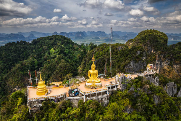 Aerial view of the Thailand landmarks Aerial view from drone of Wat Tham Suea The Tiger Cave temple well known temple on a hilltop in Krabi, Thailand. wat tham sua stock pictures, royalty-free photos & images