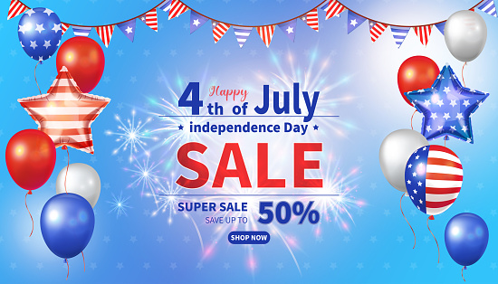 4th of july independence day sale template with bunting above and 2 sides with balloons floating upwards