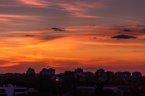 Sunset with a solar path over the river and the bridge in Nizhny Novgorod, Russia