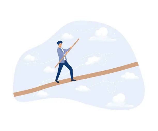 Vector illustration of Conquering Adversity Problem, Man Walking Balancing with Briefcase on Long Wire Tightrope Risk Danger Business Challenge, flat vector modern illustration