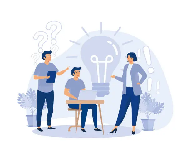 Vector illustration of Business Collegues Working at Office, Office Workers Discussing Project. Brainstorming or Generating new Idea in Team. flat vector modern illustration