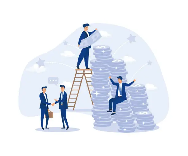 Vector illustration of Office Business People Earn Money, Happy Co-worker Sit on Stack money coin, flat vector modern illustration