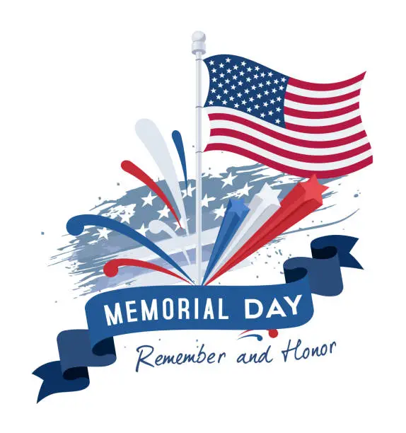 Vector illustration of Memorial Day greeting poster with USA flag. Remember and Honor. United States Flag. Logo Concept Design.